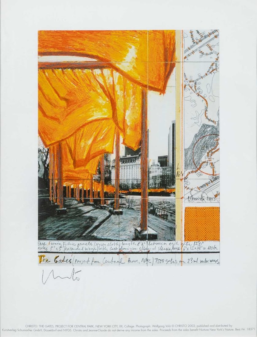 Christo (1935-2020) and Jeanne-Claude (1935-2009): THE GATES PROJECT FOR CENTRAL PARK, NEW YORK CITY, XX Color offset lithograph, 2003, on wove paper, signed in pencil, co-published by Kunstverlag Schumacher GmbH, Düsseldorf, and NYGS for