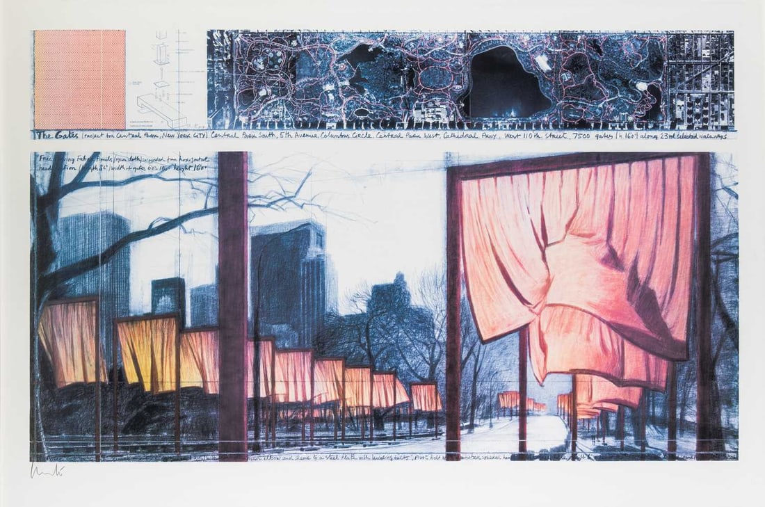 Christo (1935-2020) and Jeanne-Claude (1935-2009): THE GATES PROJECT FOR CENTRAL PARK, NEW YORK CITY Color offset lithograph, 2004, on wove paper, signed in pencil, co-published by Kunstverlag Schumacher GmbH, Düsseldorf, and NYGS for Nurture