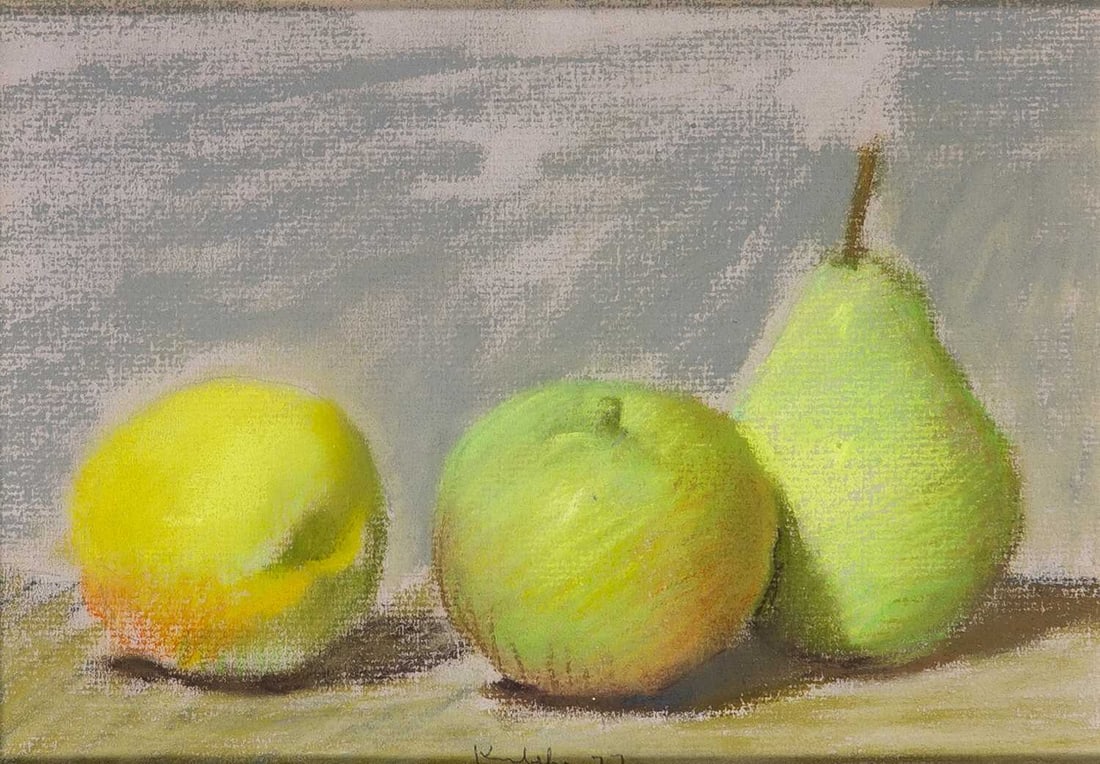 Robert Kulicke: American, 1924-2007 Two Peaches and Pear, 1977 Signed and dated Kulicke 77 (lc) Pastel on paper 6 1/4 x 8 3/4 inches (15.9 x 22.2 cm) Provenance: Davis & Long Company, New York (Framed 13 3/4 x