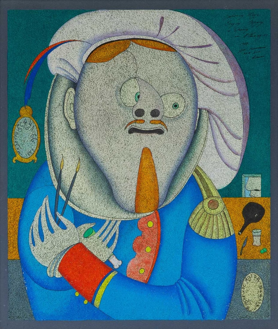Mihail Chemiakin: Russian, b. 1943 Untitled (Portrait), 1982 Signed and dedicated (ur) Gouache and ink on paper 15 3/8 x 13 1/4 inches (39.1 x 33.7 cm) (Framed 24 1/4 x 22 inches)