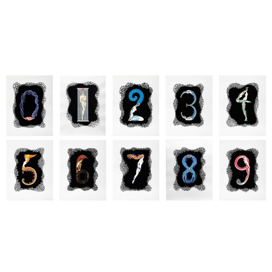 Erté (Romain de Tirtoff) (1892-1990): THE NUMERALS SUITE (NUMBERS) Ten color screenprints with embossing, flocking and gold foil stamping, 1980, signed and numbered 18/350 in pencil, printed by Chicago Serigraphic Workshop &