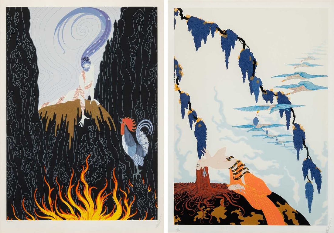 Erté (Romain de Tirtoff) (1892-1990): FRENCH ROOSTER; VINTAGE Two color screenprints, 1980, on wove paper, signed and numbered 249/300 and 18/300, respectively, in pencil, with full margins, framed. Larger frame 42 x 32 3/8 inches; 106.6