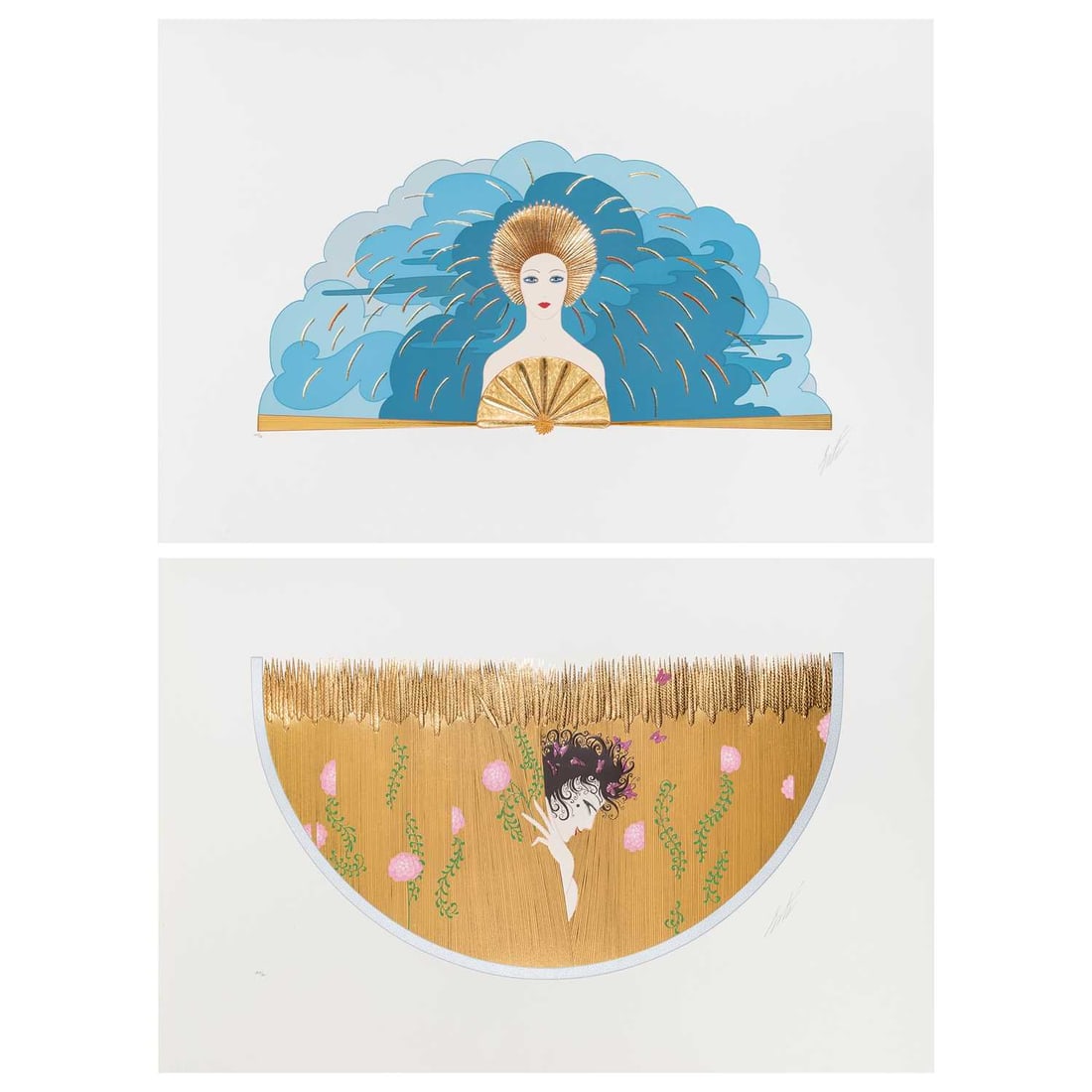 Erté (Romain de Tirtoff) (1892-1990): THE HARVEST; THE STORM Two color screenprints with gold foil stamping and embossing, 1987, on wove paper, signed and numbered 203/300 in pencil, printed by Chromacomp, New York, with their