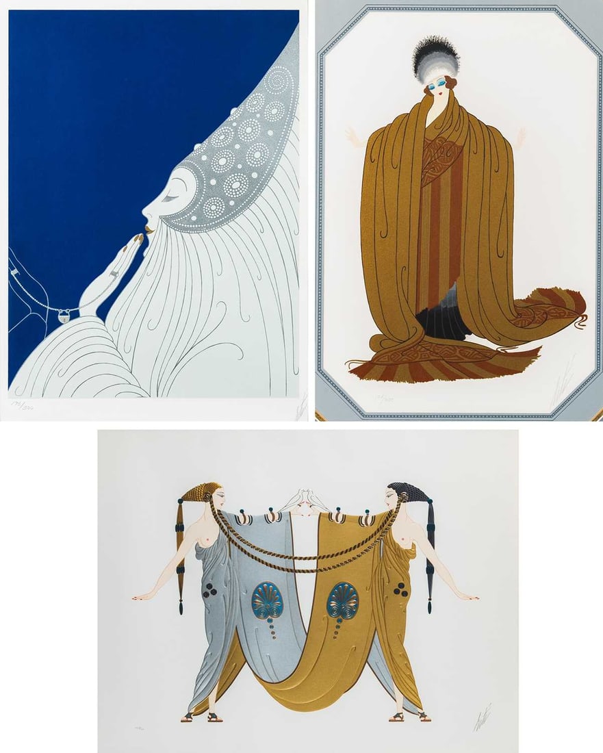 Erté (Romain de Tirtoff) (1892-1990): THE BRIDE (TWENTIES REMEMBERED); KING'S FAVORITE; SISTERS Three color screenprints, 1977, 1979 and 1988, respectively, on wove paper, signed and numbered 178/300, 158/300 and HC 18/20 in pencil, with 