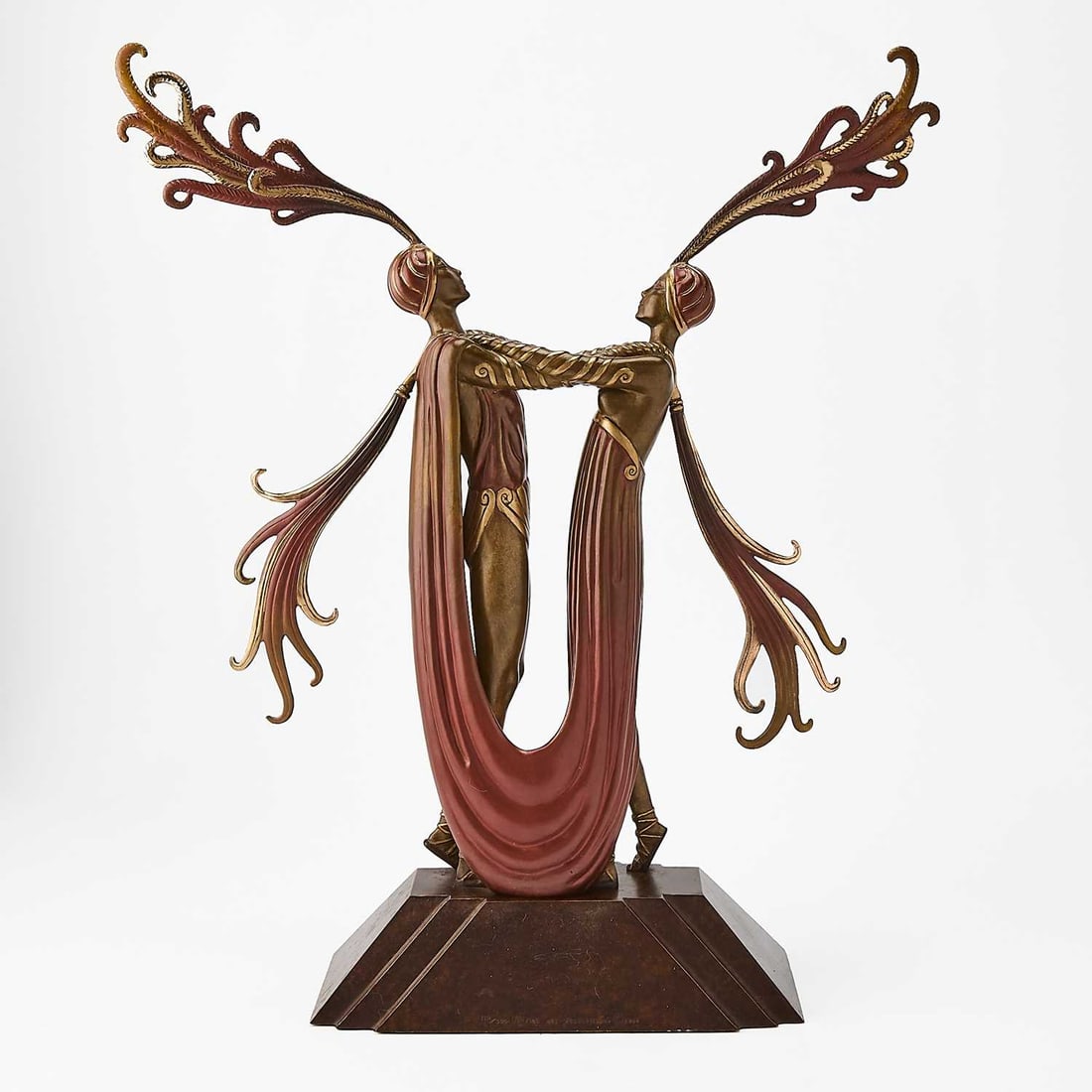Erté (Romain de Tirtoff) (1892-1990): KISS OF FIRE Cold-painted bronze sculpture, 1984, with stamped signature, copyright, date and numbered 110/300, cast by Joel Meisner, with his foundry mark, published by Fine Art Acquisitions. 21 x