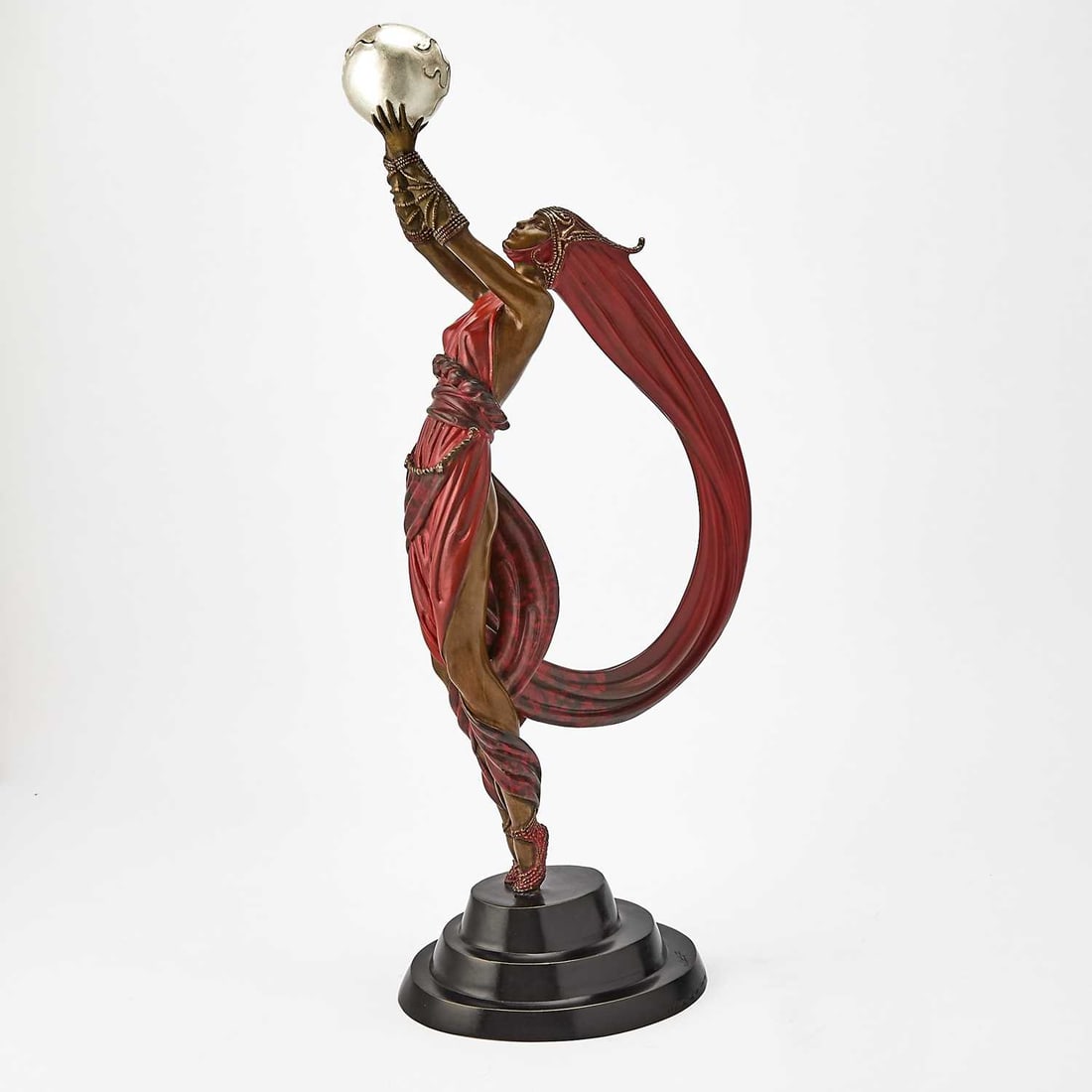Erté (Romain de Tirtoff) (1892-1990): THE GLOBE Cold-painted bronze sculpture, 1985, with stamped signature, copyright, date and numbered 288/350, cast by Joel Meisner, with his foundry mark, published by Fine Art Acquisitions. 23 x 7 x