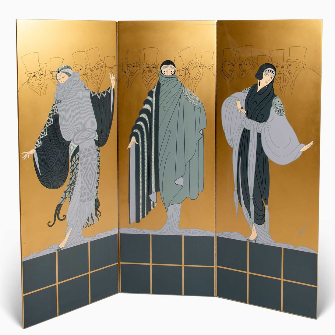 Erté (Romain de Tirtoff) (1892-1990): [THREE ELEGANT LADIES] Three-panel lacquered wood screen, signed and numbered 18/99 in silver ink. Overall approximately 70 x 72 x 3/4 inches; 177.8 x 182.8 x 1.9 cm
