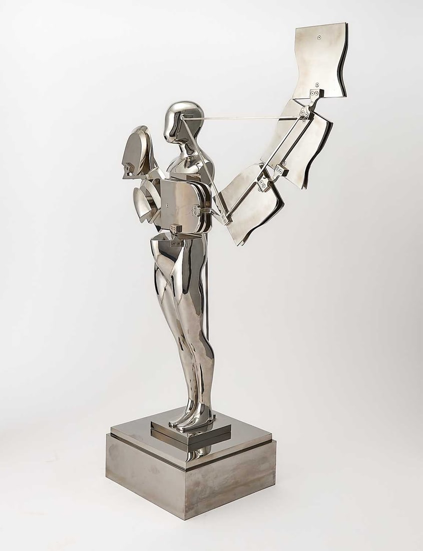 Ernest Tino Trova: American, 1927-2009 Study/Falling Man (Figure with Half Circle), 1982 Stamped with signature and dated A.P. 1-1 E. TROVA 1982 on the side of the base Stainless steel 31 x 20 x 8 1/2 inches (78.7 x