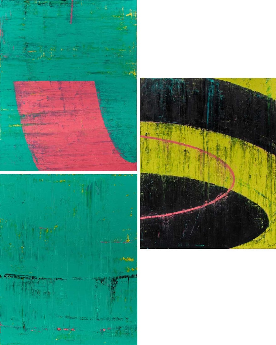 David Row: American, b. 1949 Untitled, 1991 Each panel signed David Row on the overlap Oil and wax on canvas Three (3) panels; 94 x 115 1/2 inches overall (238.8 x 293.4 cm) Unframed Provenance: John Good