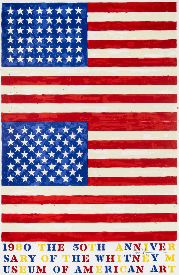 Jasper Johns (b. 1930): TWO FLAGS (WHITNEY ANNIVERSARY) (ULAE 207) Color lithograph, 1980, signed in blue ink, from the edition of 5000, co-published by the artist and Gemini G.E.L., Los Angeles, framed. Image 43 1/8 x 28