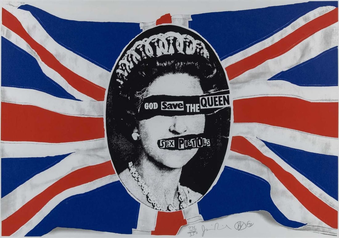 Jamie Reid (1947-2023): GOD SAVE THE QUEEN (SEX PISTOLS) Color screenprint, 1997, signed, dated and numbered 36/350 in pencil, with full margins, framed. Image 39 x 27 3/8 inches; 99.0 x 69.5 cm Frame 33 3/8 x 45 1/8