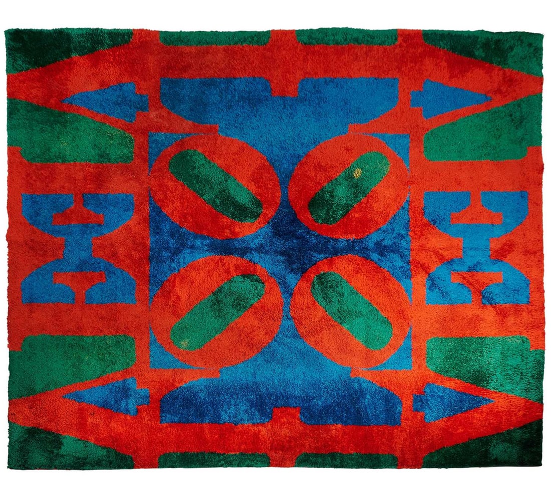 After Robert Indiana (1928-2018): LOVE RUG Silk tapestry, with the artist's woven signature on the reverse, from the edition of unknown size. 120 x 118 3/4 inches; 304.8 x 301.6 cm (9' 11" x 9' 11")
