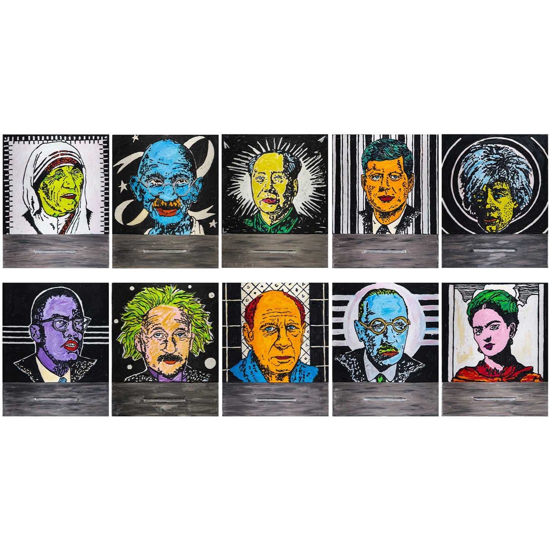 Jane Hammond: American, b. 1950 Test Your Talent!, 2002 Each signed and dated Jane Hammond 2002 on the reverse Oil on panel, in ten parts Each panel 16 3/4 x 13 3/8 inches (42.5 x 34 cm) Provenance: Galerie