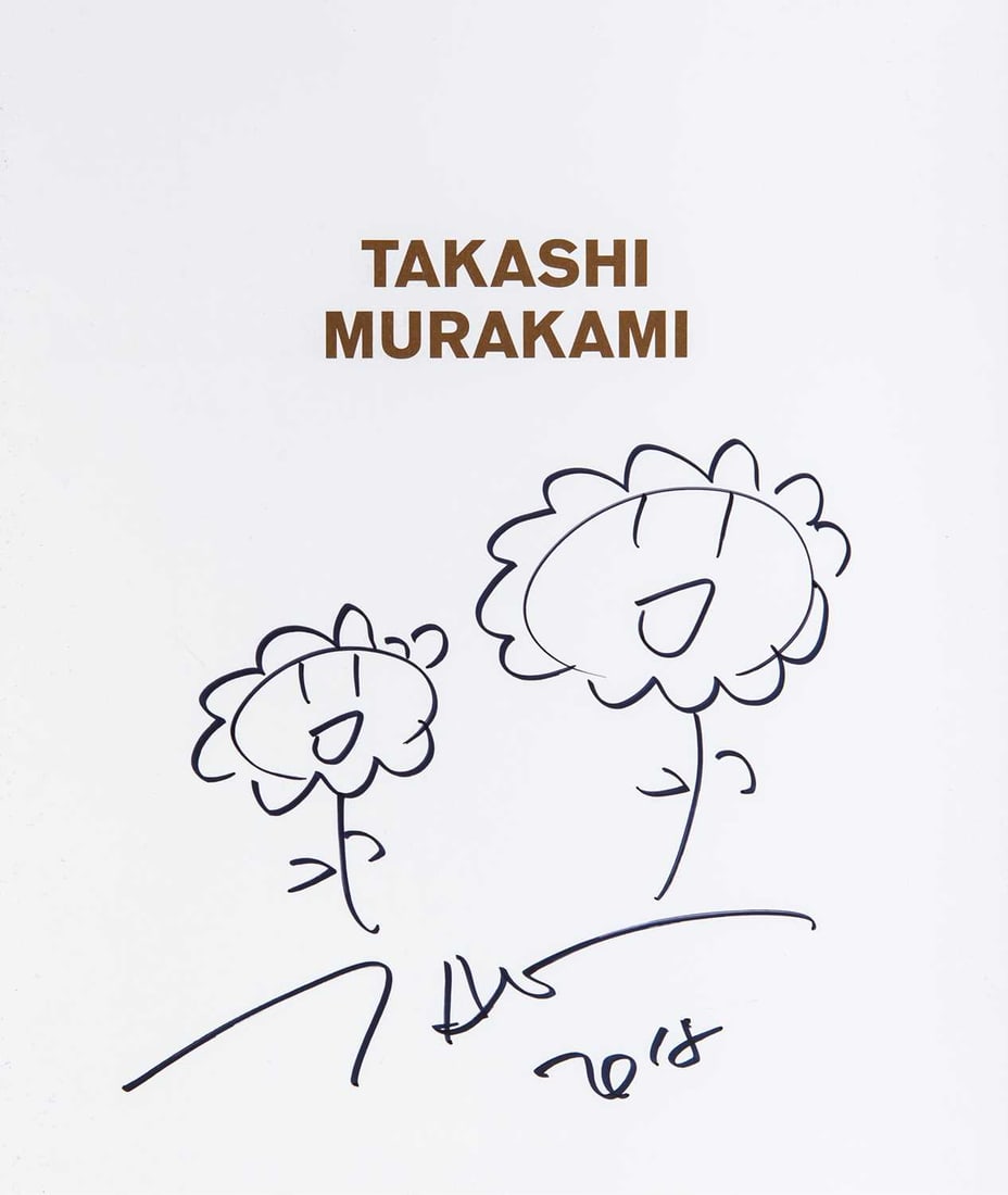 Takashi Murakami (b. 1962): UNTITLED (DOB AND FLOWER DRAWING) Drawing, 2018, on wove paper, signed and dated in black marker, from The Octopus Eats It's Own Leg exhibition catalogue for the Modern Art Museum of Fort Worth, Texas