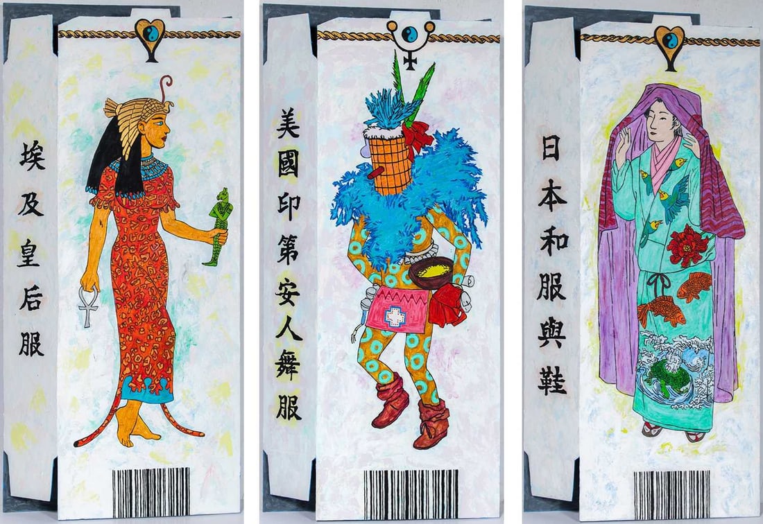 Jane Hammond: American, b. 1950 Shanghai Costumes #7, 2003 Signed and dated Jane Hammond 2003 on the reverse Oil on three wood panels Each panel 57 x 26 1/4 x 3 5/8 inches (144.8 x 66.7 x 9.2 cm) Provenance:
