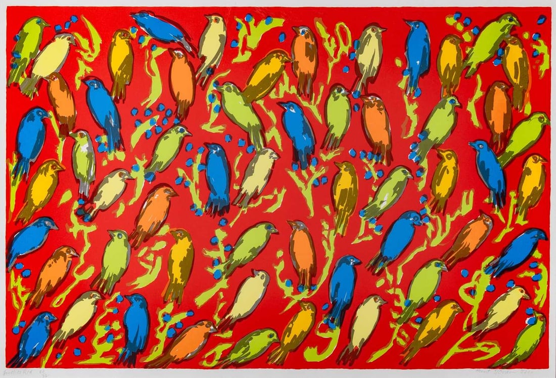 Hunt Slonem (b. 1951): FINCHES RED Color screenprint, 2000, on wove paper, signed, dated, titled and numbered 20/32 in pencil, printed and published by Stewart & Stewart, Bloomfield Hills, Michigan, with full margins,