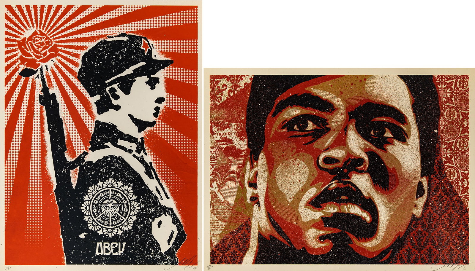 Shepard Fairey (b. 1970) / Shepard Fairey (b. 1970): ROSE SOLDIER; MUHAMMAD ALI Two color screenprints, 2006 and 2021, respectively, on wove paper, signed and dated, the first inscribed AP (an artist proof aside from the edition of 300), the second