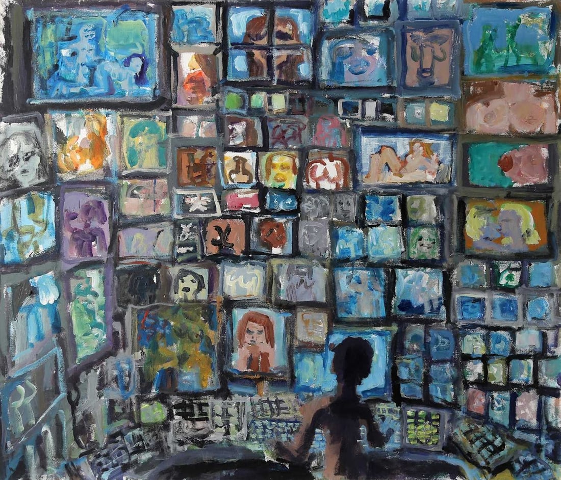 Todd Bienvenu: American, b. 1980 Talk Babes on Babes, 2013 Inscribed as titled and dated 2-13-13 on the overlap Oil on canvas 46 1/4 x 54 inches (117.5 x 137.2 cm) Unframed Provenance: Acquired directly from the