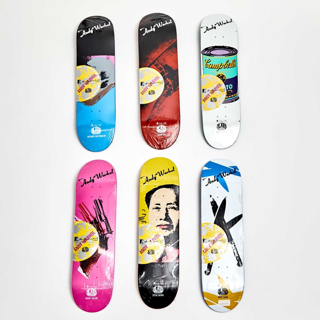 Andy Warhol (1928-1987) x Alien Workshop: [SKATEBOARD DECKS] Six screenprint on wood skateboard decks, 2011, a collaboration between the Andy Warhol Foundation for the Visual Arts, Inc., and the Alien Workshop. Each 31 1/4 x 8 inches; 79.3 x