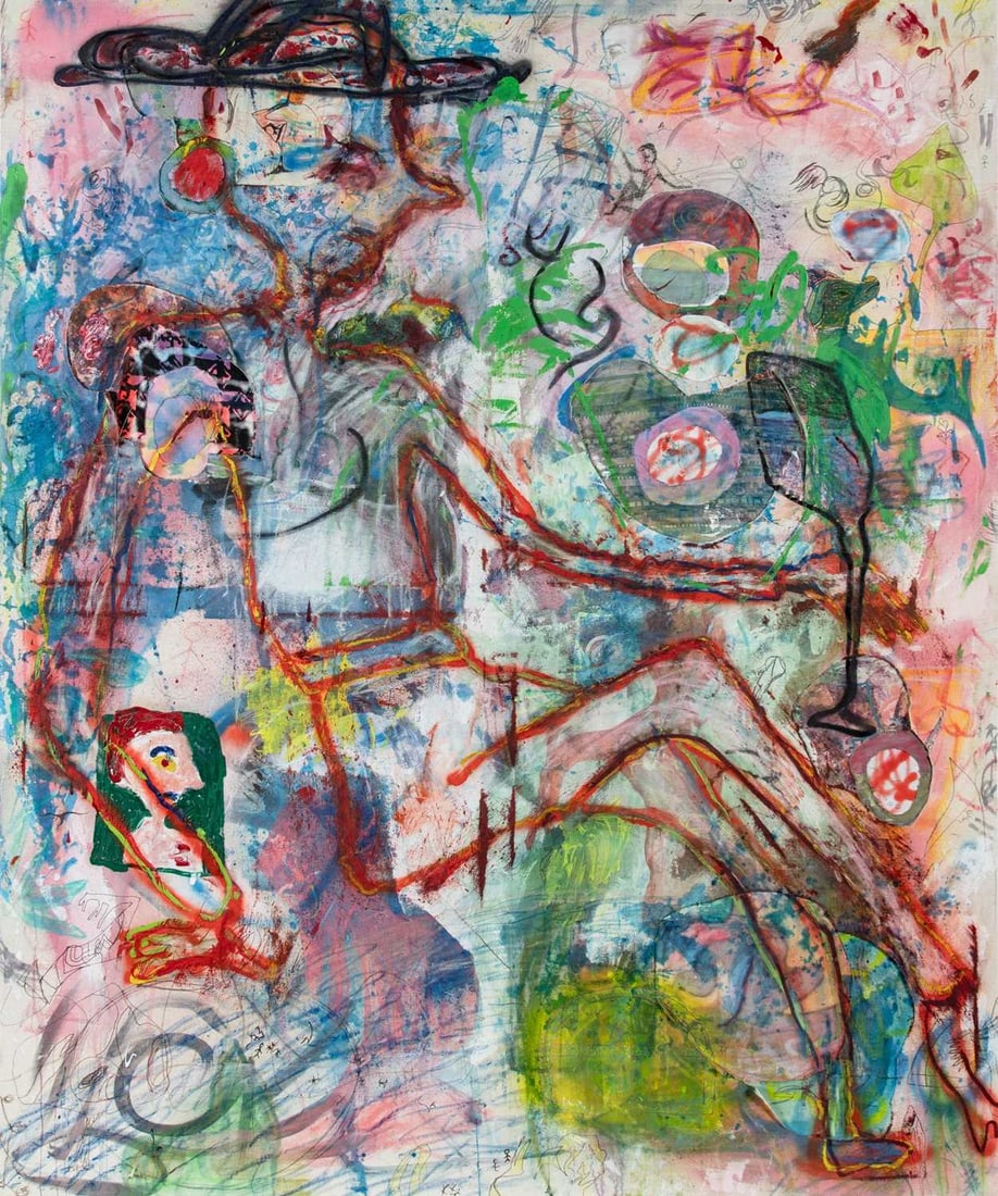 Max Brand: German, b. 1982 Untitled, 2015 Signed and dated Max Brand 2015 on the overlap Mixed media with acrylic, oil, pencil, fabric and spray paint on canvas 66 x 54 5/8 inches (167.6 x 138.7 cm) Unframed