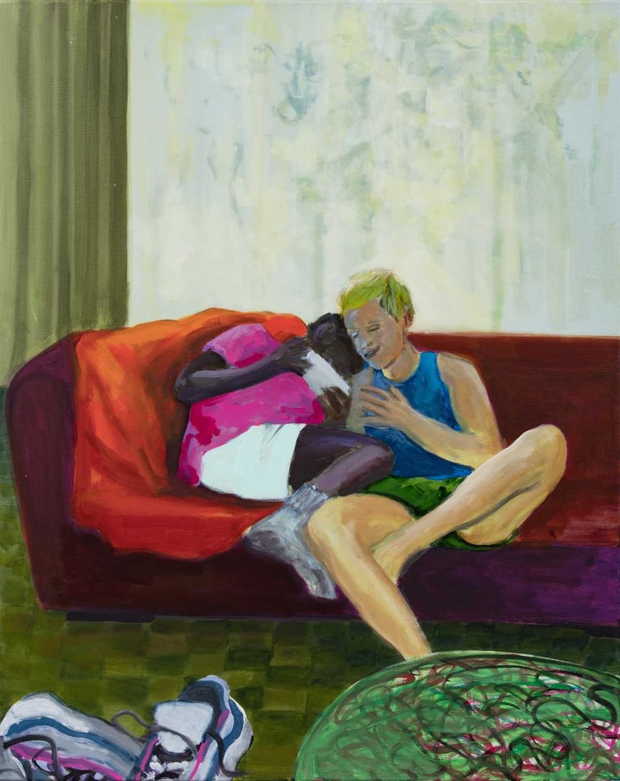 Jeremy Jaspers: German, b. 1977 LOVEBIRDS, 2021 Signed and dated Jeremy Jaspers 2021 on the reverse Acrylic on canvas 39 1/4 x 31 1/2 inches (99.7 x 80 cm) Unframed Provenance: Cheim & Read, New York