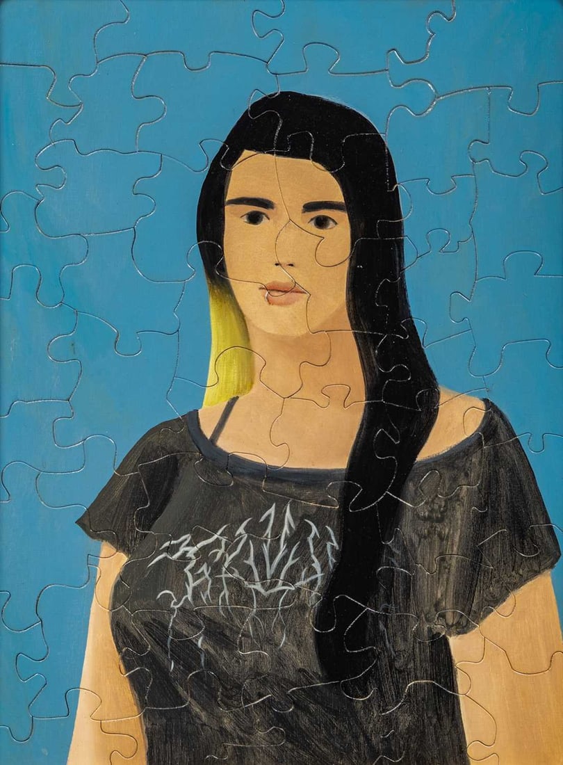 Tyler Hays: American, b. 1968 Untitled (Puzzle Portrait) Acrylic and milkpaint on panel 25 x 19 inches (63.5 x 48.3 cm) (Framed 26 x 20 inches)