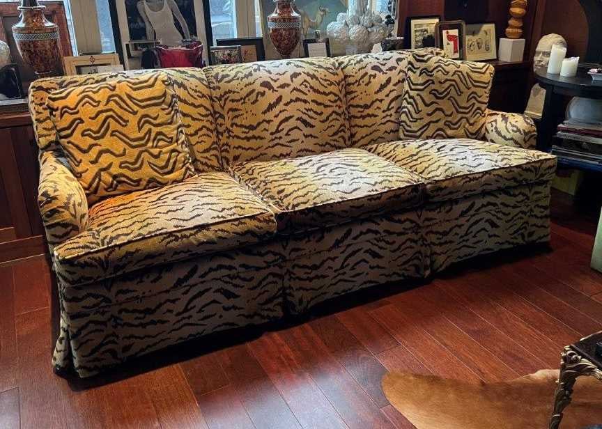 Tiger Velvet Scalamandre Upholstered Loose Cushion Sofa: Late 20th century Height of back 26 inches, width 7 feet, depth 32 inches. Provenance: Miles Redd, New York, 2000s