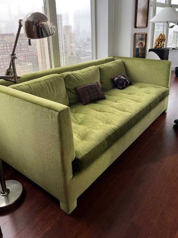 Green Scalamandré Velvet Upholstered Loose Cushion Sofa: Recent manufacture Height of back 32 1/2 inches, width 7 feet, depth 37 1/4 inches. Provenance: Miles Redd, New York, 2000s