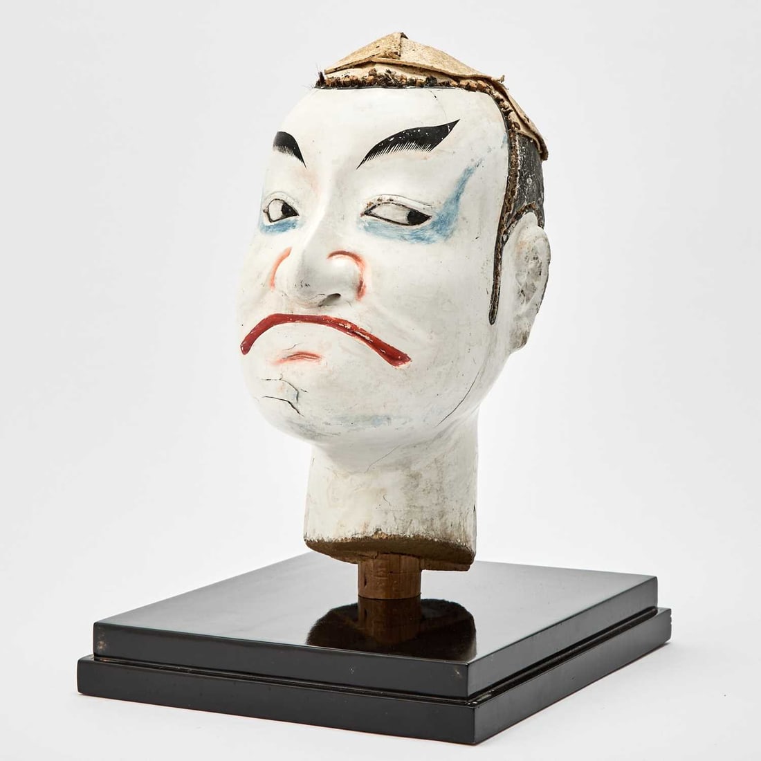 Japanese Painted Wood Bunraku Theatrical Puppet Doll Head: 20th Century Now mounted for display. Height 11 1/4 inches.