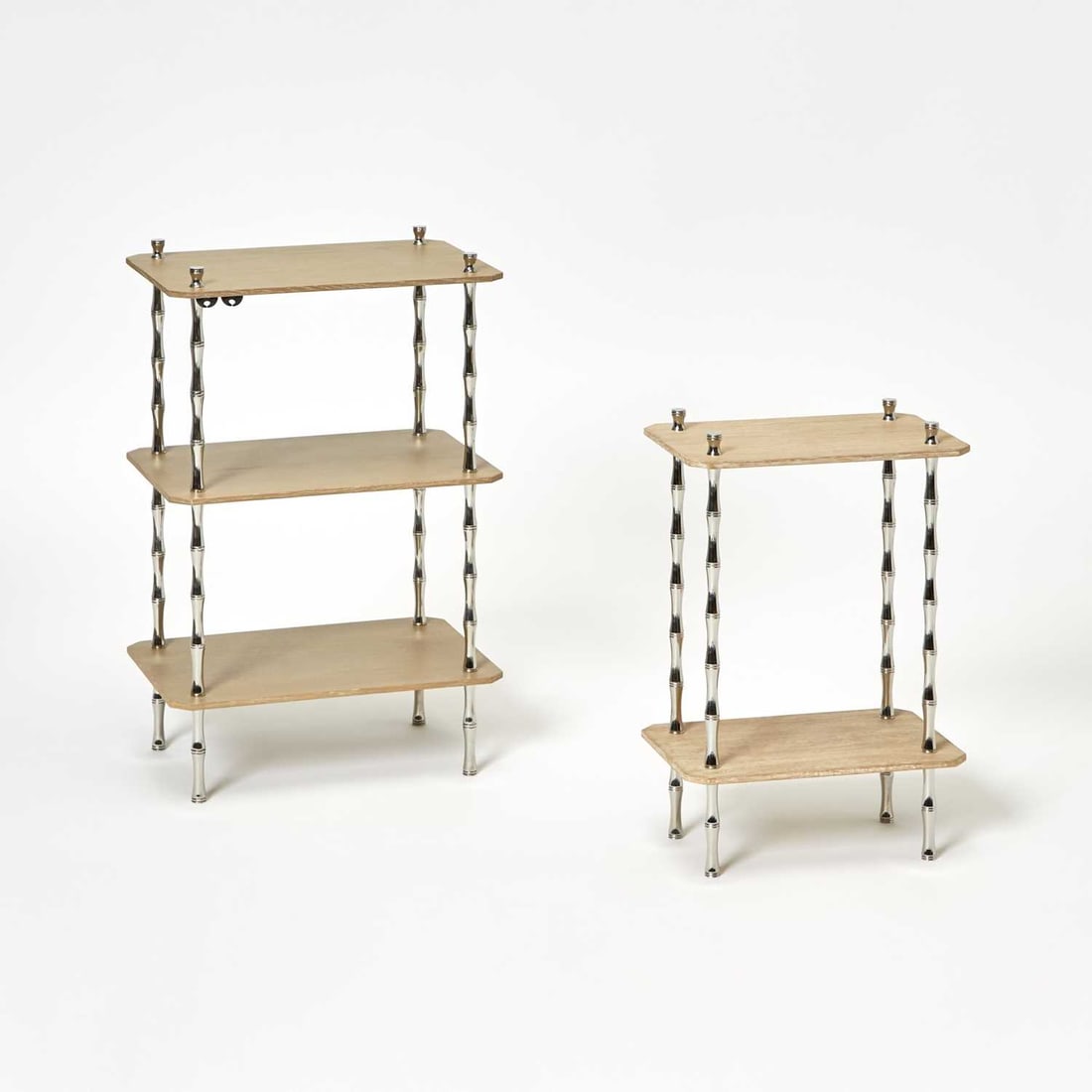 Pair of Graduated Lacquer Company Oak and Chromed Metal Side Tables: 2000s Height of larger 27 1/4 inches, width 17 1/2 inches, depth 12 1/2 inches; height of smaller 21 inches, width 14 inches, depth 9 1/8 inches.