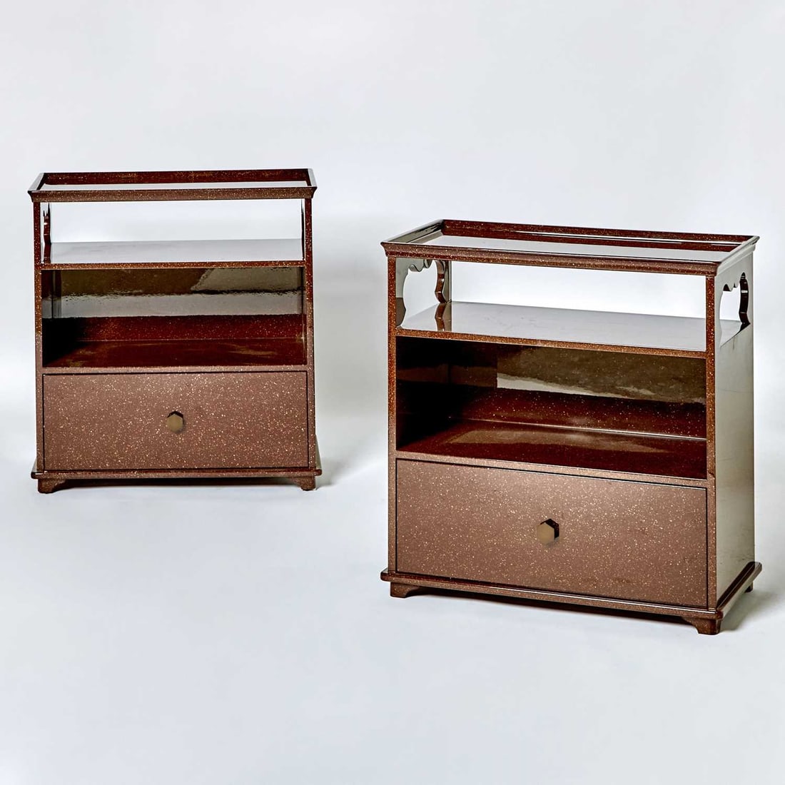 Pair of The Lacquer Company Faux Porphyry Side Cabinets: Recent manufacture Height 29 inches, width 27 1/2 inches, depth 16 inches.