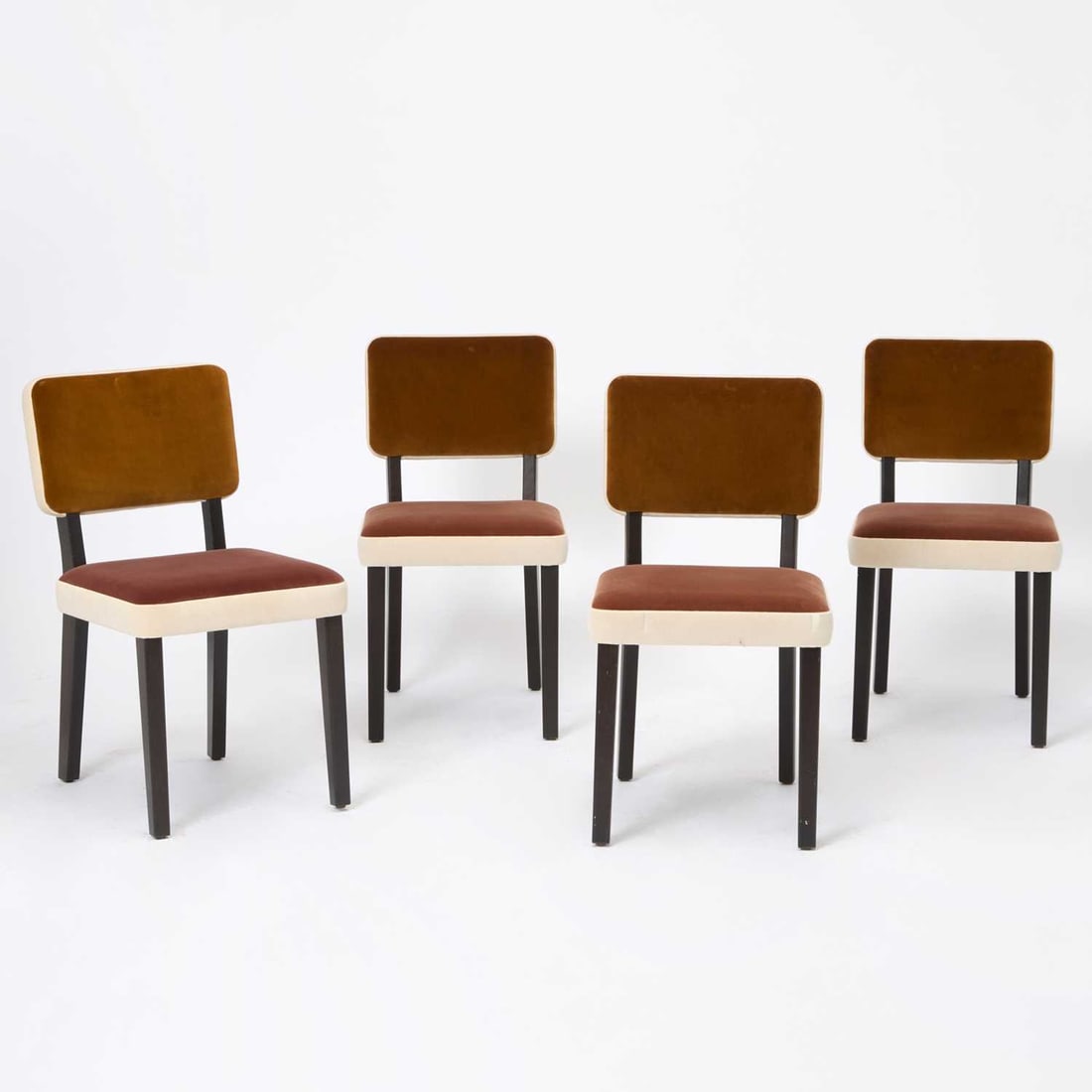 Set of Four India Mahdavi Upholstered Dark Stained Oak "Best Friend" Side Chairs: Recent manufacture Height of back 31 inches, height of seat 17 inches, width 17 inches, depth 22 inches.
