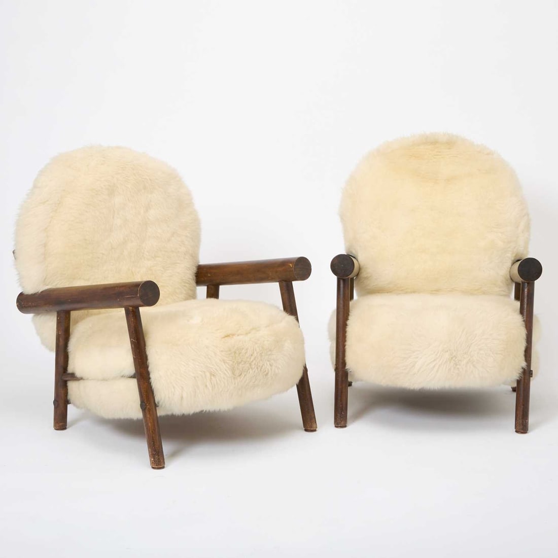Pair of After Charlotte Perrriand Faux Sheepskin Upholstered Stained Beechwood Chalet Armchairs (1 of 4)