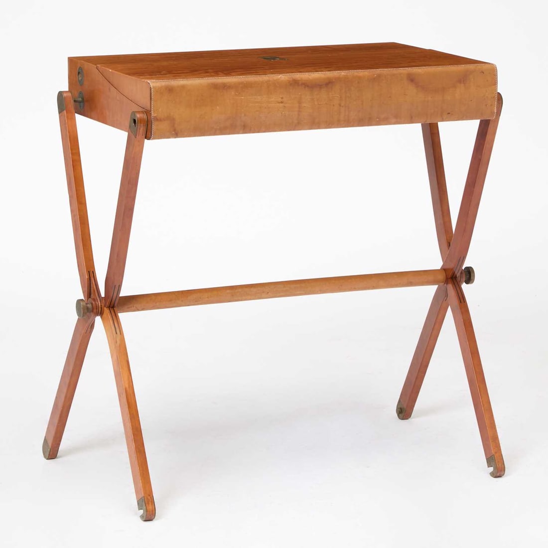 Rene Dumas and Peter Coles for Hermés Pear, Leather and Brass "Pippa" Folding Desk: 1980s Height 31 1/8 inches, width 31 inches, depth open 28 inches. Provenance: Christie's New York