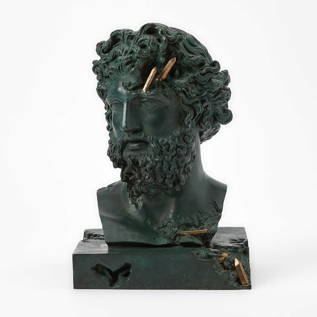 Daniel Arsham Green Patinated and Polished Bronze "Eroded Jupiter" Bust: Released in 2020, from an edition of 99 Unsigned. Height 12 inches, width 8 inches, depth 6 3/4 inches.