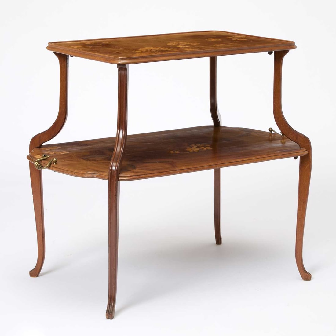Attributed to Louis Majorelle Art Nouveau Marquetry Inlaid Fruitwood Two-Tier Table: Late 19th century Height 32 inches, width over handles 39 1/4 inches, depth 22 1/2 inches.