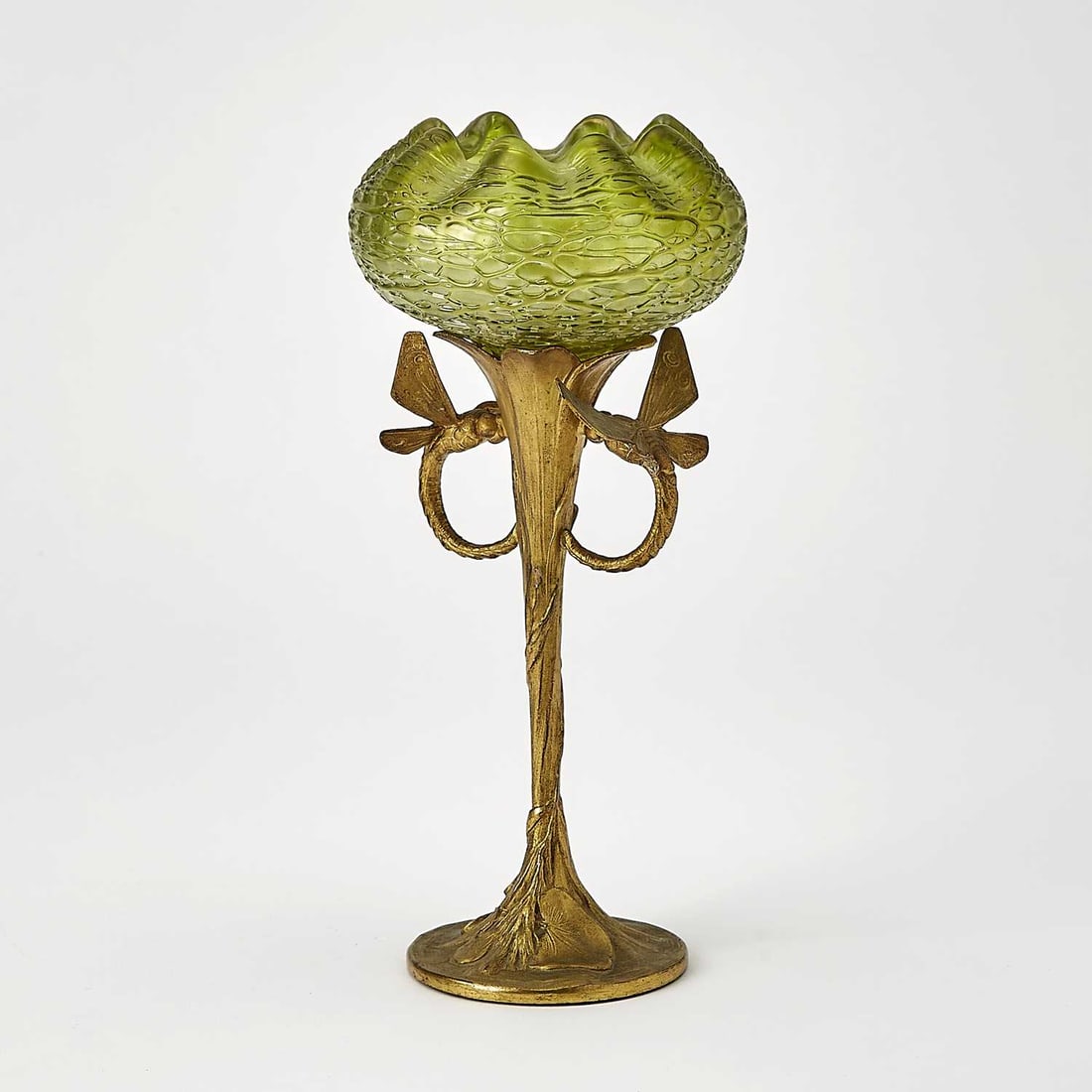Bohemian Art Nouveau Gilt-Bronze and Blown Glass Florwer-Form Vase with Dragonfly Handles (1 of 7)