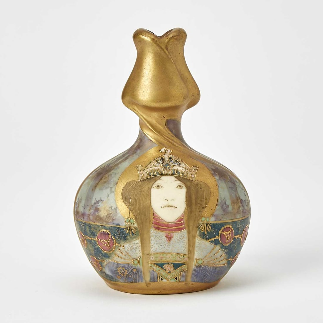 Riessner, Stellmacher & Kessel Amphora Pottery Co. Art Nouveau Gilt and Painted Portrait Vase: Summer Queen series, shape no. 586, early 20th century Of flattened flower form, the front side depicitng a profile bust of the Summer Queen, with a golden halo, in a forest landscape, with R.St.K. co