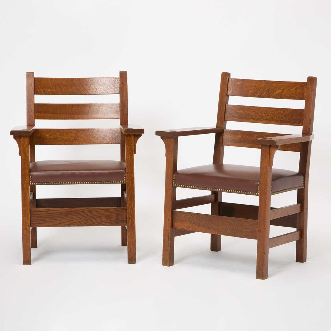 Pair of Gustav Stickley Upholstered Oak Open Armchairs (1 of 4)