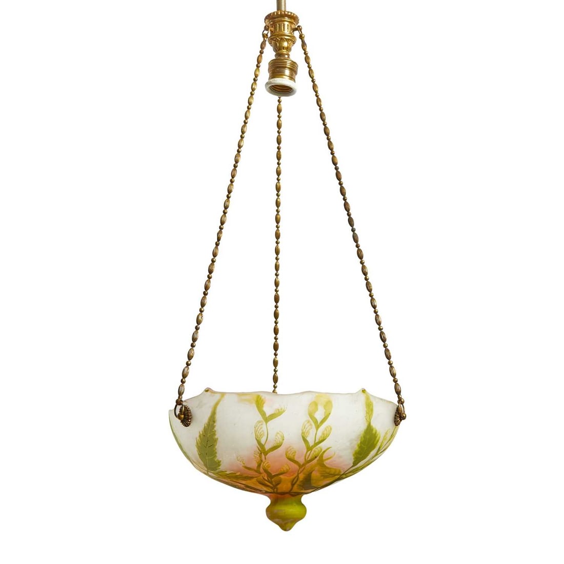 Gallé Art Nouveau Gilt-Metal Mounted Acid-Etched Cameo Glass Single-Light Plafonnier: Early 20th century Of inverted dome form with a knopped terminal, in dark green colored glass cased over lime green, salmon color, and colorless glass, decorated with stylized leaves and seed pods, ma