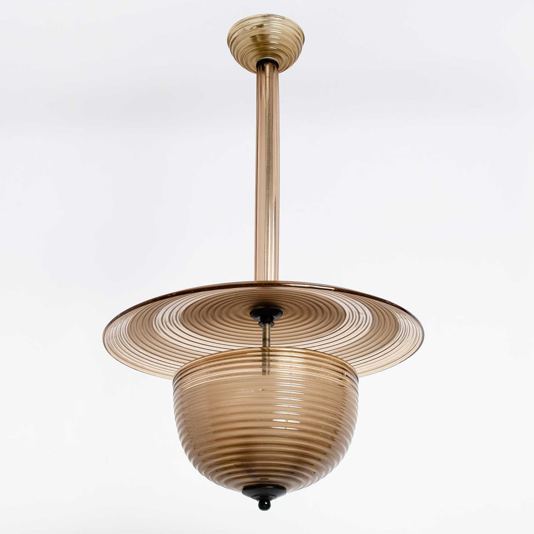 Murano Blown Glass Four-Light Chandelier: Attributed ot Venini, circa 1940 In smokey straw colored glass, satin and glossy finish, unmarked. Height overall 32 1/12 inches, diameter 20 inches.