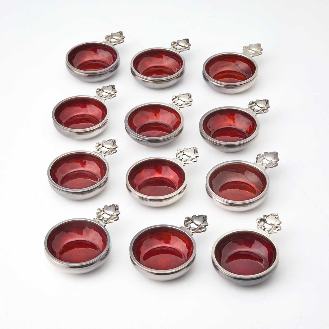 Set of Twelve Georg Jensen Sterling Silver and Enamel "Acorn" Pattern Salt Cellars (1 of 2)