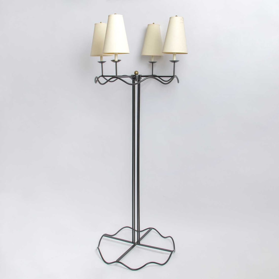 Jean Royere Style Iron Four Light Floor Lamp: Height overall 6 feet 7 inches, diameter 28 inches.