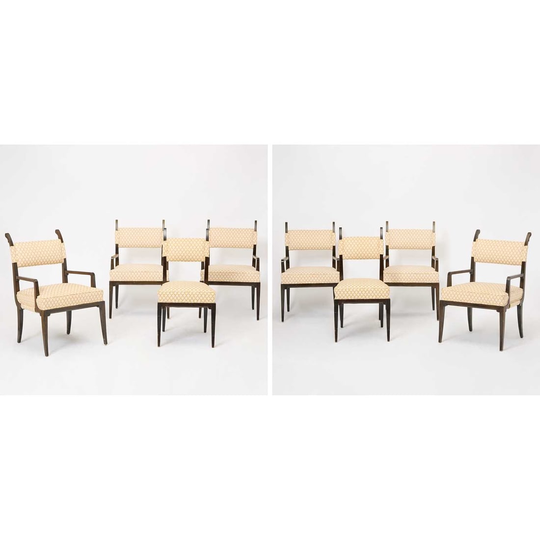 Set of Eight Tommi Parzinger Upholstered Chairs: 1960s Comprising six armchairs and a pair of side chairs. Height of back 33 1/2 inches, height of seat 17 inches, width 21 inches, depth 23 inches.