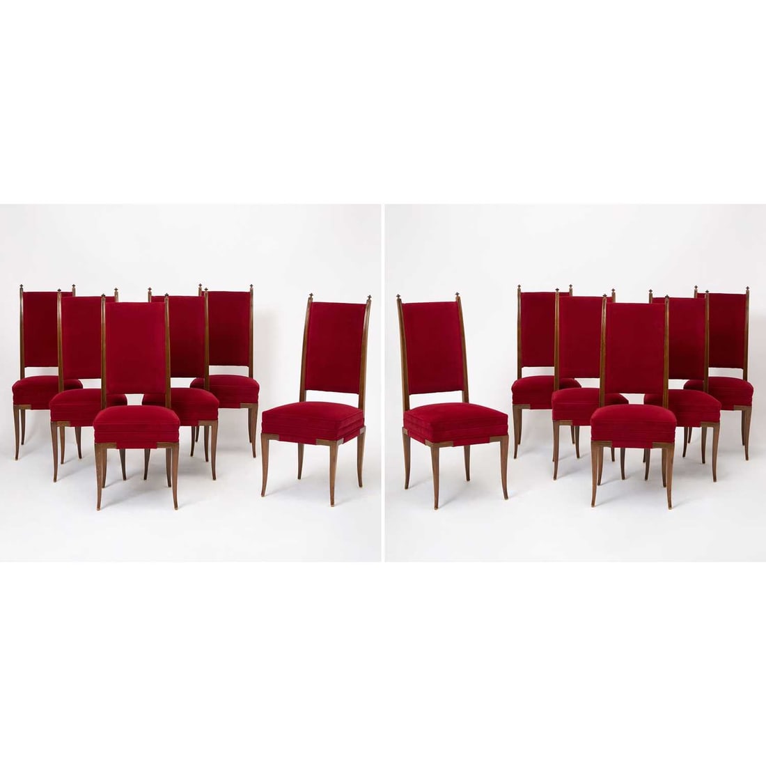 Set of Twelve Tommi Parzinger Upholstered Walnut Dining Chairs: 1960s Height of back 42 1/2 inches, height of seat 18 inches, width 17 inches, depth 19 1/2 inches.