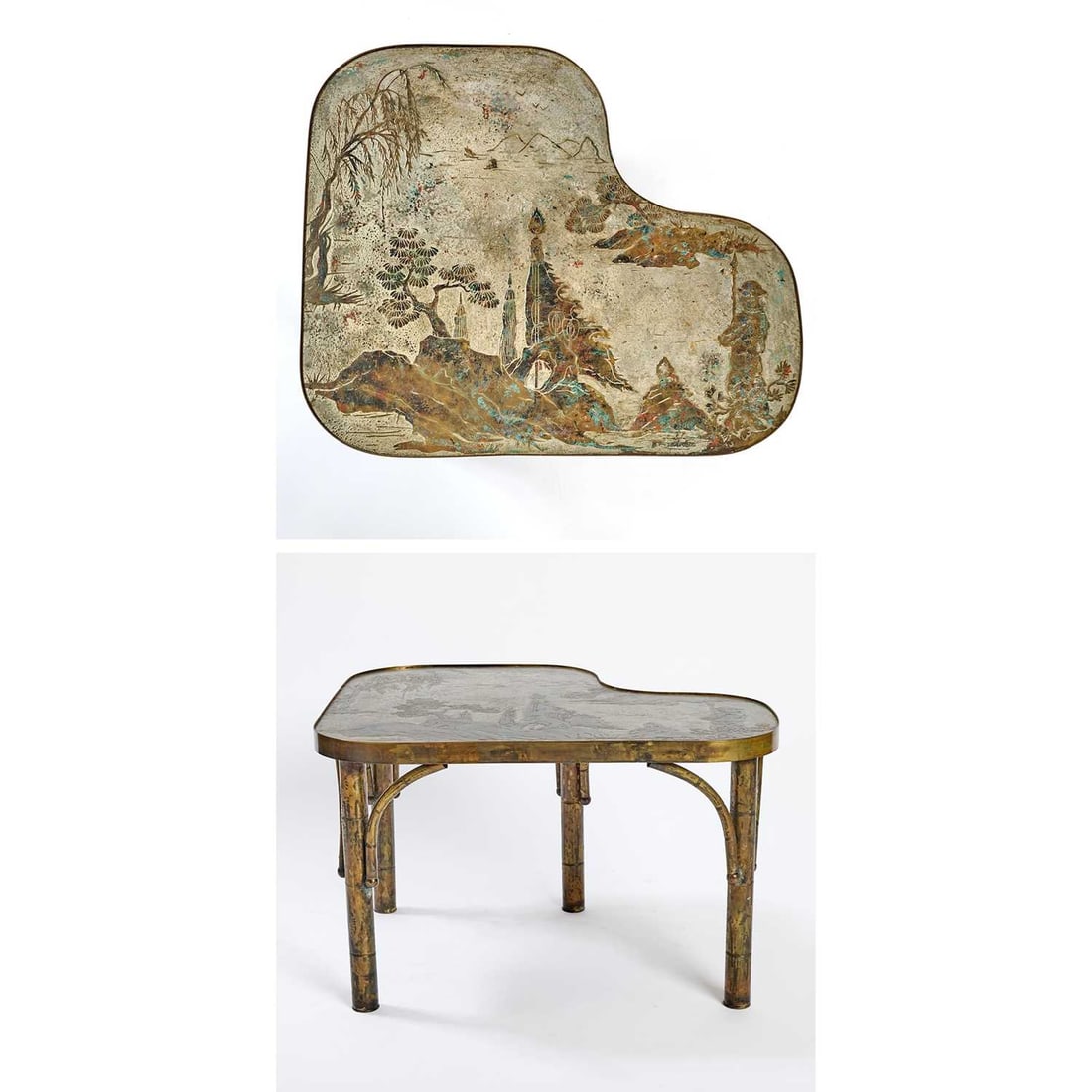 Philp and Kelvin LaVerne Patinated Bronze, Pewter and Enamel Side Table: 1960s/1970s Height 16 3/4 inches, width 26 inches, depth 22 inches.