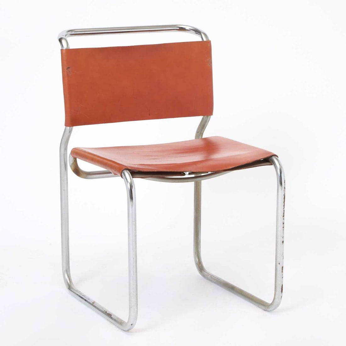 Nicolas Zagraphos Leather and Chromed Metal Side Chair: 1970s Height of back 30 inches, height of seat 18 inches, width 19 inches, depth 21 1/2 inches.