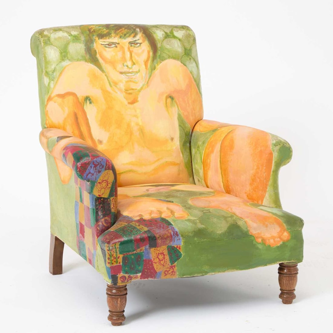 Edith Simon Oil and Graphite on Canvas Upholstered "Rudolph Nureyev" Armchair: Signed and dated 'Edith Simon / 1973' on reverse Height of back 34 inches, height of seat 14 inches, width 31 1/2 inches, depth 31 inches.