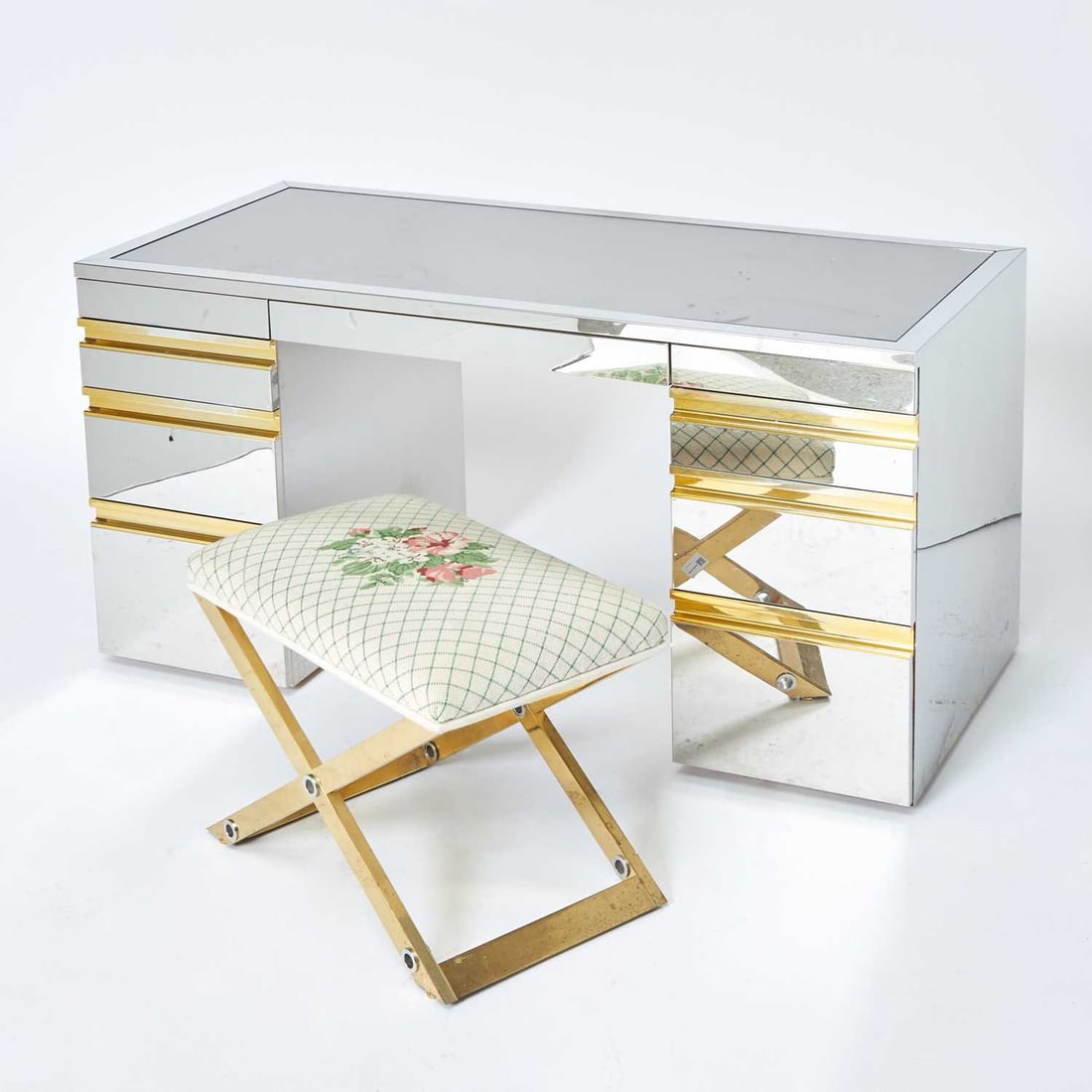 Karl Springer Brass and Stainless Steel Vanity and Upholstered Stool (1 of 4)