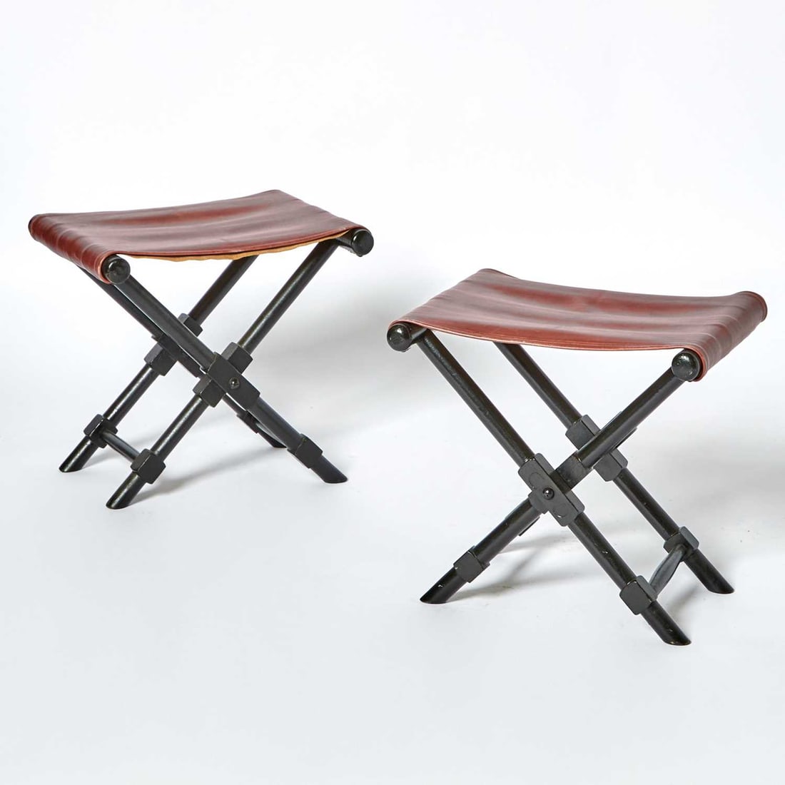 Pair of Ebonized Wood and Red Leather X-Form Stools (1 of 4)